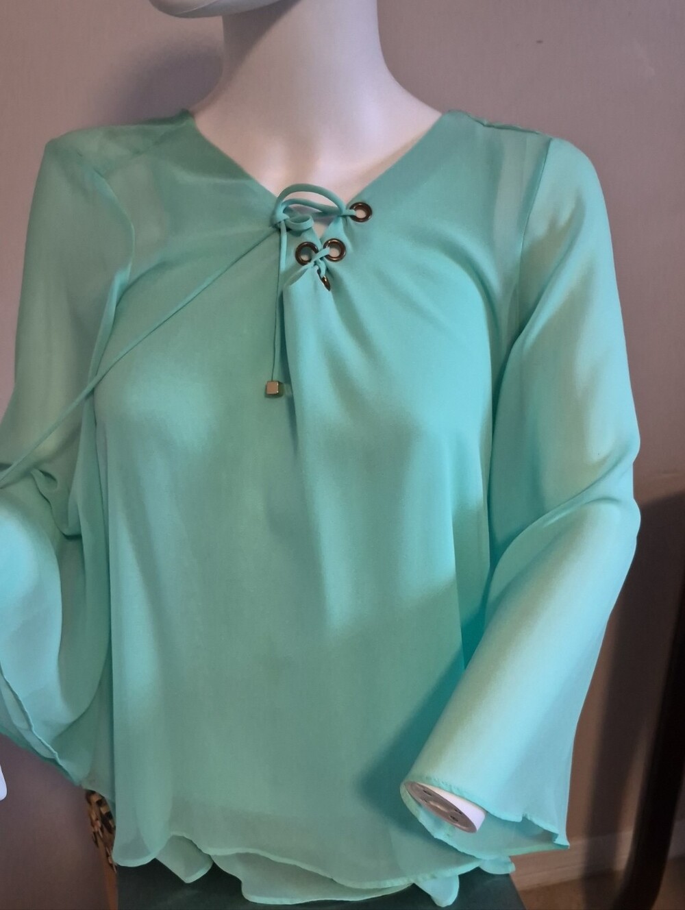 Jennifer Lopez Seafoam Lace-Up V-Neck Chiffon Blouse